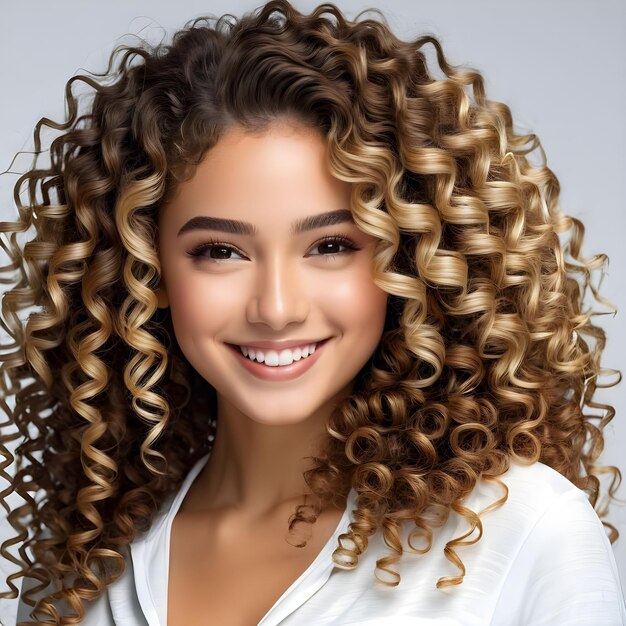 woman with curly hair and a white shirt with a smile on her face