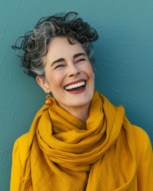 A woman with curly hair and a yellow scarf is smiling