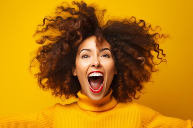 Woman with curly hair and yellow sweater is making funny face Generative AI