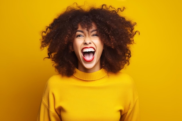 Woman with curly hair and yellow sweater is making funny face Generative AI