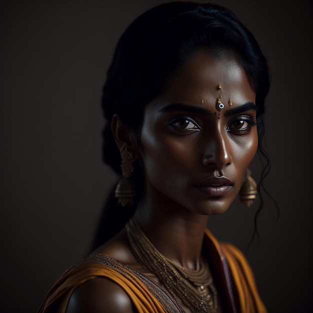 A woman with a dark background and a dark background with a dark background and a gold necklace.