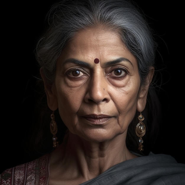 A woman with a dark background and a dark background with a silver necklace.