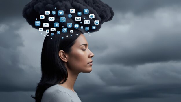 Photo a woman with a dark cloud of social media icons over her head representing the pressure of online communication