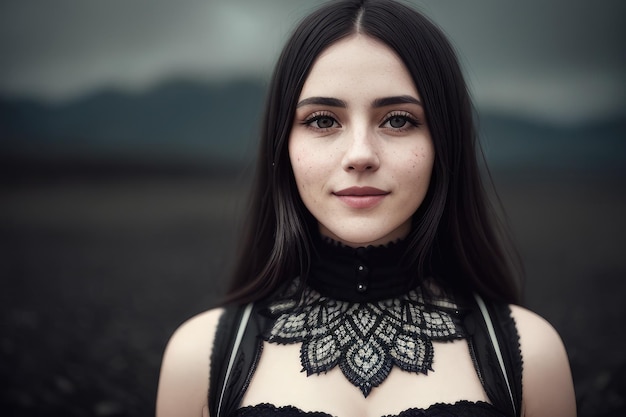 A woman with dark hair and a black lace collar stands in front of a mountain.