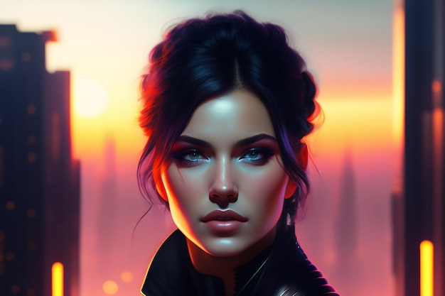 A woman with a dark hair and a black top stands in front of a sunset.