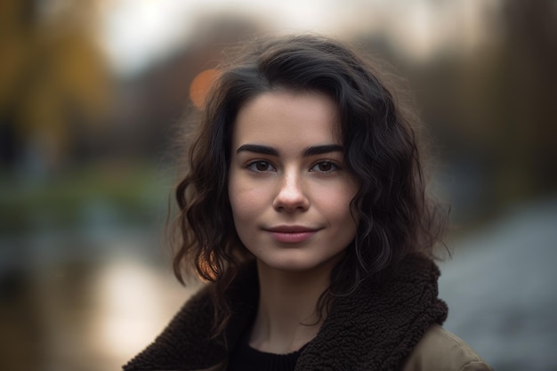 A woman with dark hair and a brown jacket stands in front of a blurred background.