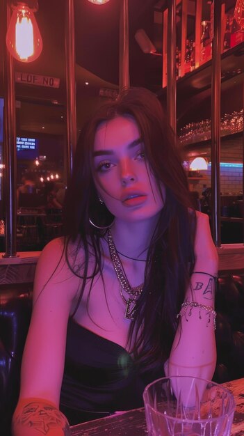 Woman with dark hair and a piercing gaze sits at a bar lit by neon signs