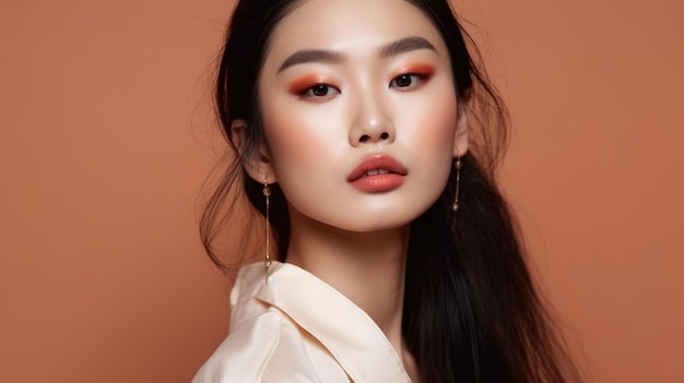 A woman with dark hair and red eyes stands against a peach background