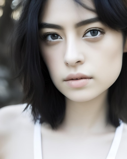 A woman with dark hair and a white tank top is looking at the camera.