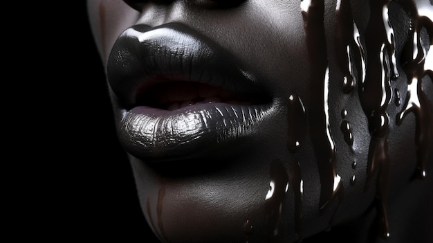 A woman with dark skin and dark lips with the word chocolate on the bottom.