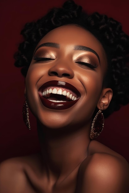 A woman with dark skin and dark skin smiling with a red background