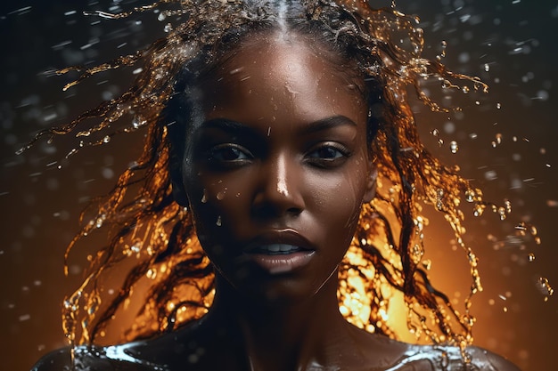 A woman with dark skin and water in the background