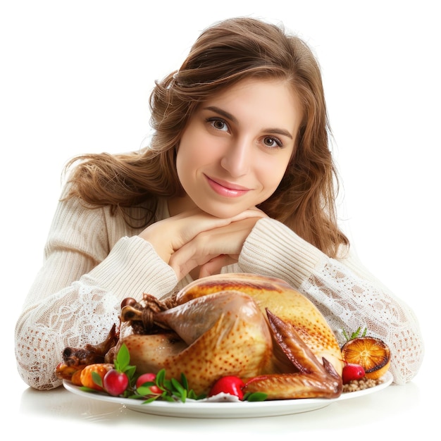 Photo woman with delicious turkey isolated on white background