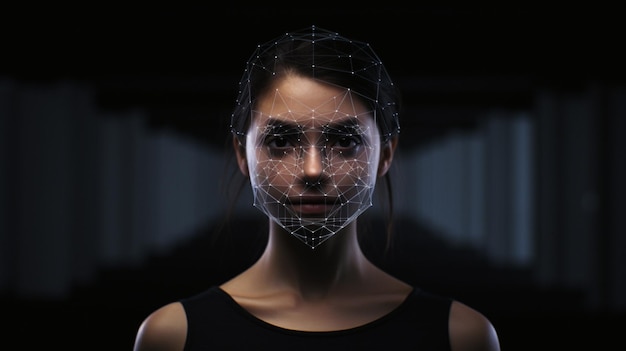 A woman with a digital face that has the word face on it.