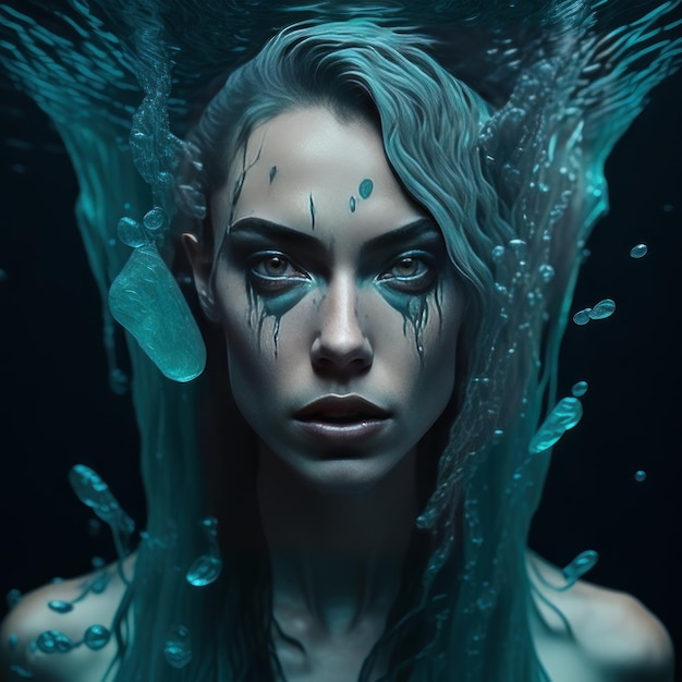 A woman with a digital painting of a body with water and a face that says'digital art '