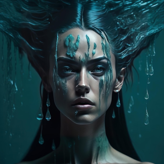 A woman with a digital painting of a body with water and a face that says'digital art '