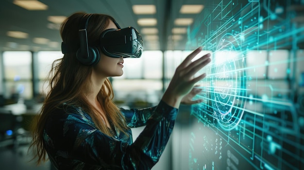 Woman with digital virtual display hologram wearing VR headset interacting with graphic interface