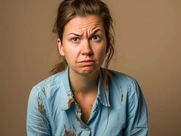 Photo a woman with a disappointed expression covered in mud