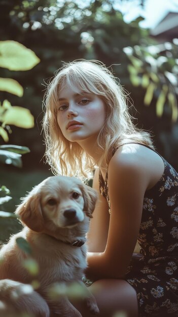 Photo a woman with a dog in the background