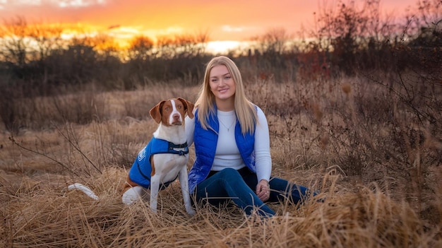 a woman with a dog in a field with the sun behind her