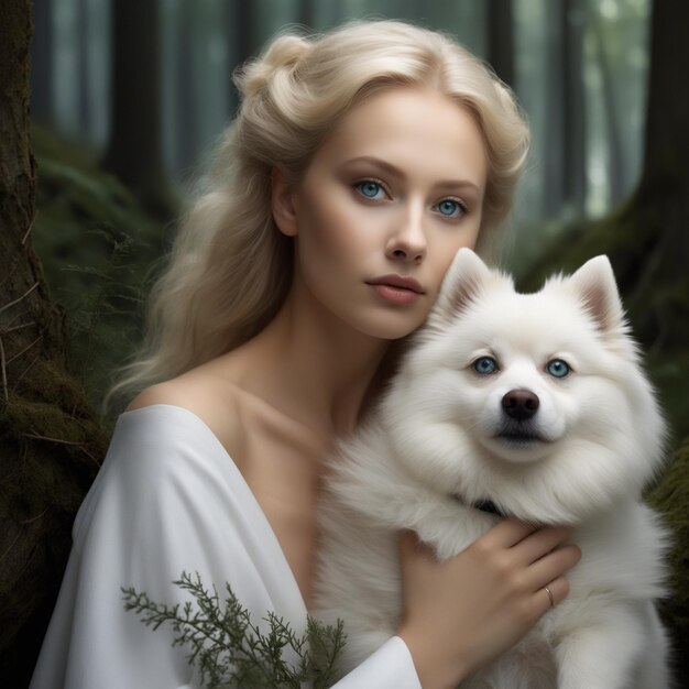 Photo a woman with a dog in her arms is holding a white dog