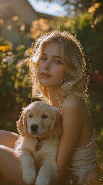 Photo a woman with a dog in her arms