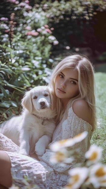 Photo a woman with a dog in her arms