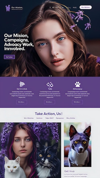 Photo a woman with a dog on her face and the words quot take action quot on the website