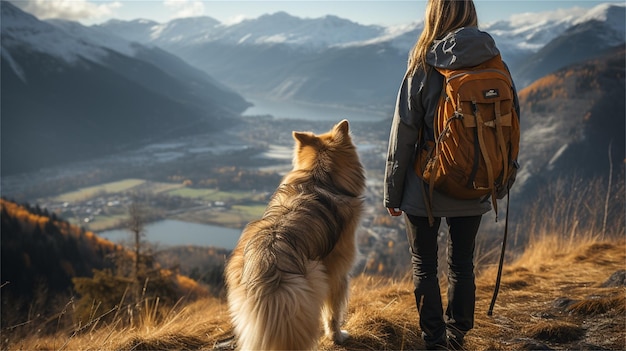 A woman with a dog on a mountain with a woman and a dog looking at the mountains.