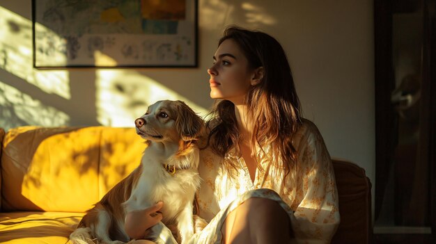 Photo a woman with a dog and a picture of a dog on the wall