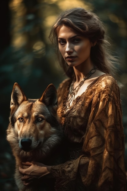 A woman with a dog in the woods