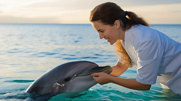 a woman with a dolphin that has the label on it