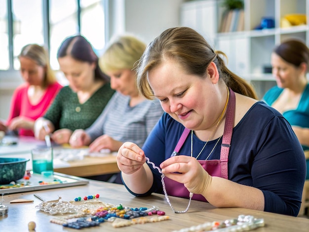 Photo a woman with down syndrome attending a jewelry design class