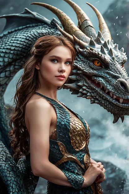 a woman with a dragon on her back and a dragon in the background