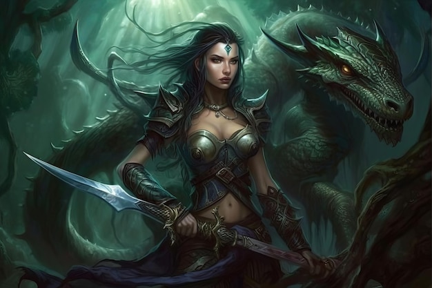 A woman with a dragon and a sword