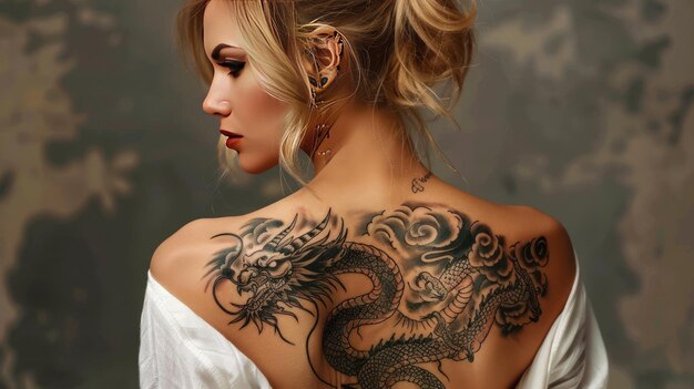 Woman with a dragon tattoo art on her back background wallpaper AI generated image