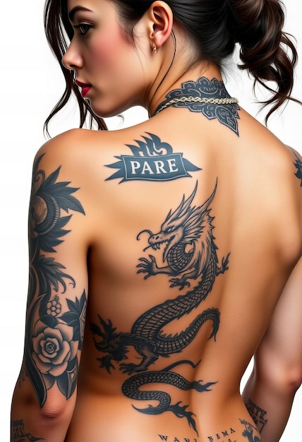 a woman with a dragon tattoo on her back