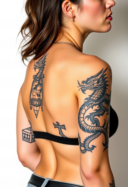 a woman with a dragon tattoo on her back