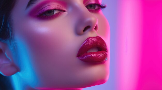 Woman with dramatic makeup in vibrant neon lighting