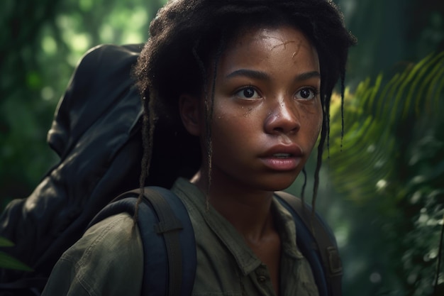 A woman with dreadlocks and a backpack walks through the jungle.