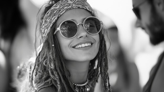 A woman with dreadlocks and a bandana smiles at the camera