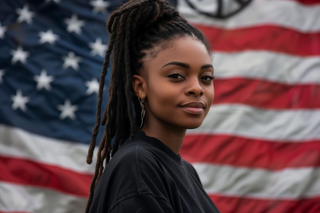 Photo a woman with dreadlocks and a black shirt is standing in front of a flag that says quot no quot