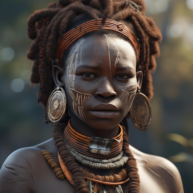 A woman with dreadlocks and dreadlocks is wearing a necklace and earrings.