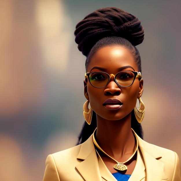 A woman with dreadlocks and glasses stands in front of a colorful background.