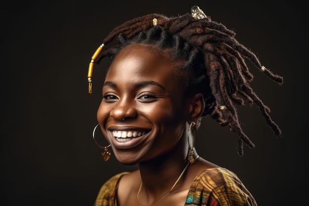 A woman with dreadlocks and a gold ring on her hair