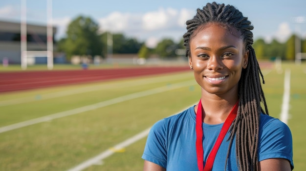 A woman with dreadlocks is smiling and wearing a blue shirt and red necklace