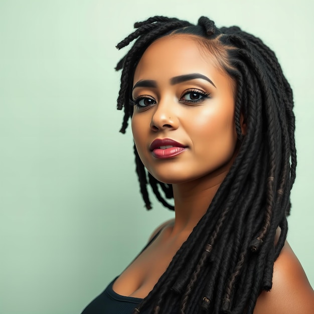 a woman with dreadlocks is wearing a black dress