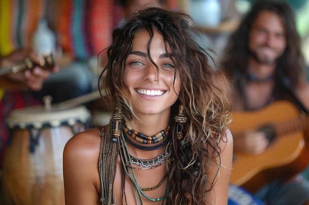 Woman With Dreadlocks Smiles While Playing a Guitar