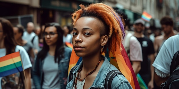 A woman with dreadlocks stands in a crowd.