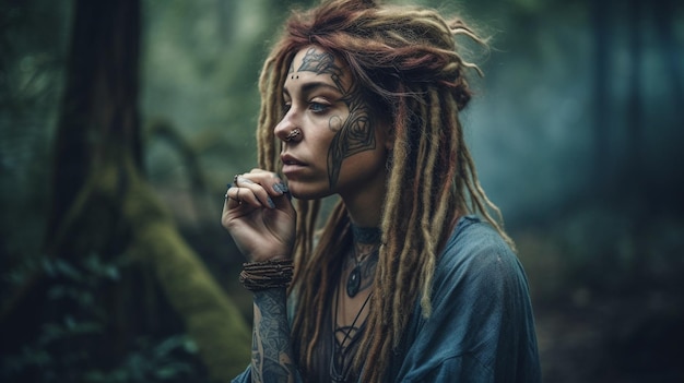 A woman with dreadlocks and tattoos is standing in a forest